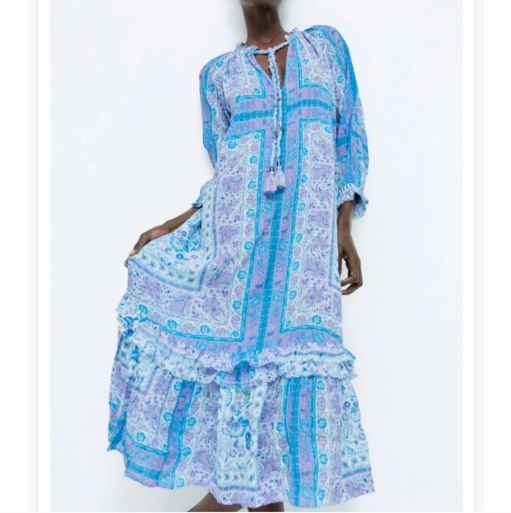 Zara * Printed Blue Maxi Midi Flowy Boho Dress Size S - Picture 3 of 12